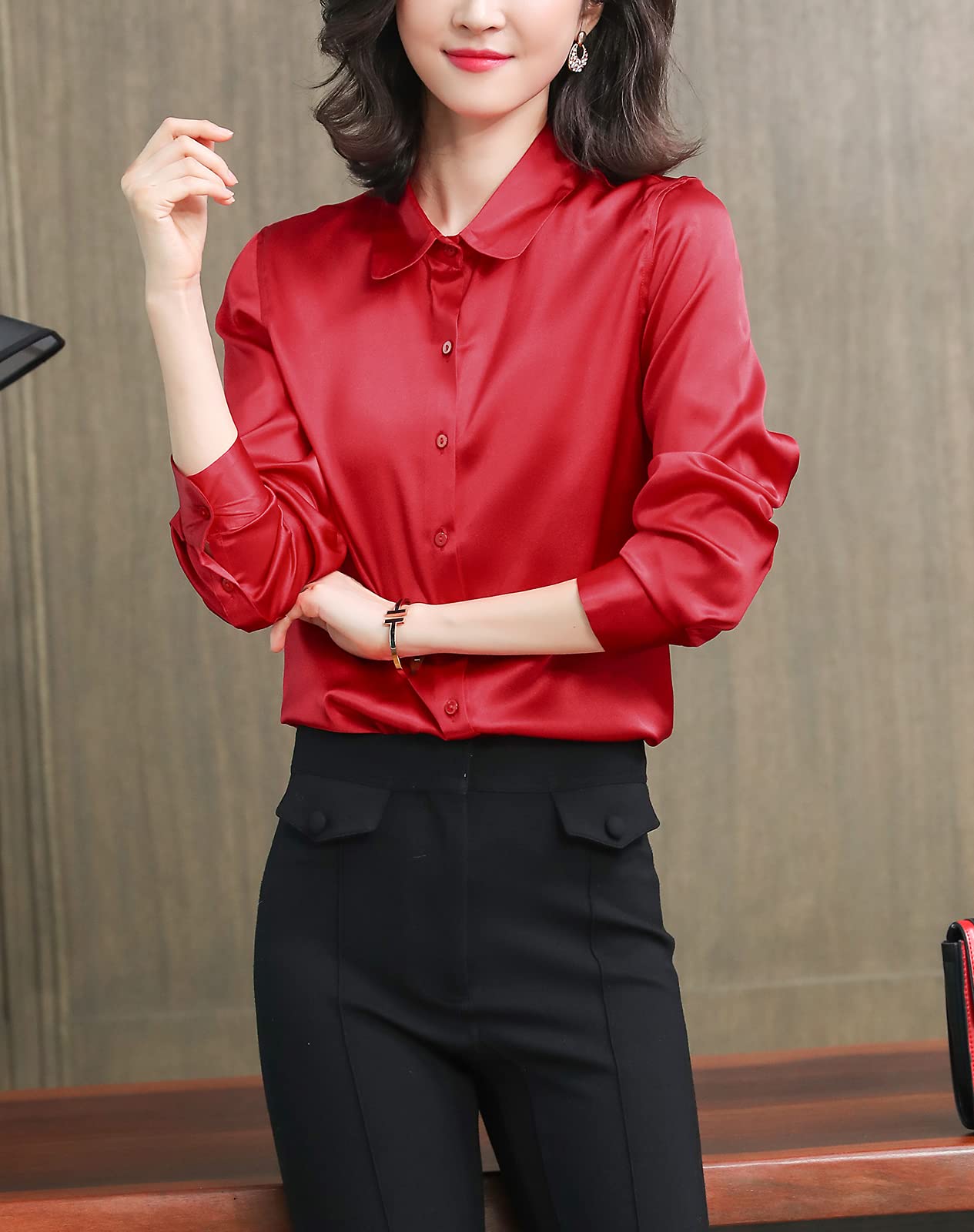 Valin Blusa de seda para mujer, camisa de seda sólida, con botones, blusa de manga larga, solapa de seda, S6630