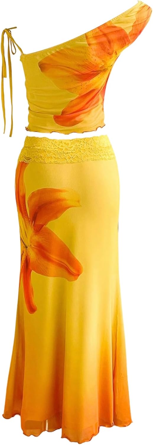 SOLY HUX Women's 2 Piece Outfit Floral Mesh Ruched One Shoulder Crop Tank Top and Bodycon Maxi Skirt Set - Image 2