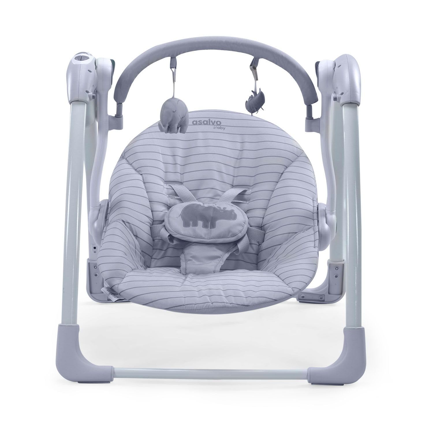 Asalvo Daddy Columpio para bebé con luz y carrusel, 5 velocidades de balanceo automático, 16 melodías Musicales, 5 Sonidos Relajantes, Segura, Desde recién Nacido hasta los 9 kg, Hippo Gris