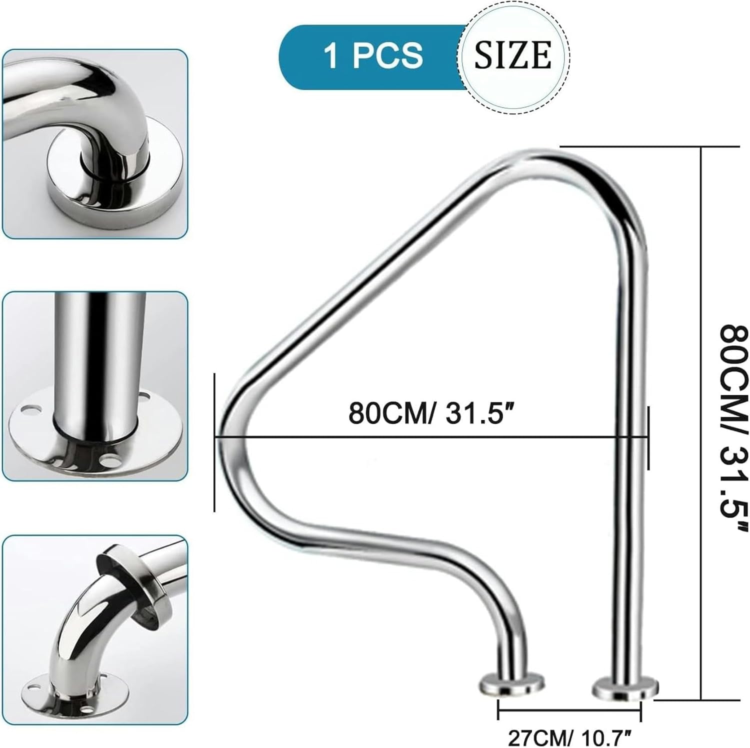 AMNOOL Pool Handrail Pool Railing 31.5 X 31.5 304 Stainless Steel Swimming Pool Handrail, Rustproof Pool Stair Railing Ergonomics Curved Design, for Private and Public Swimming Pools*1
