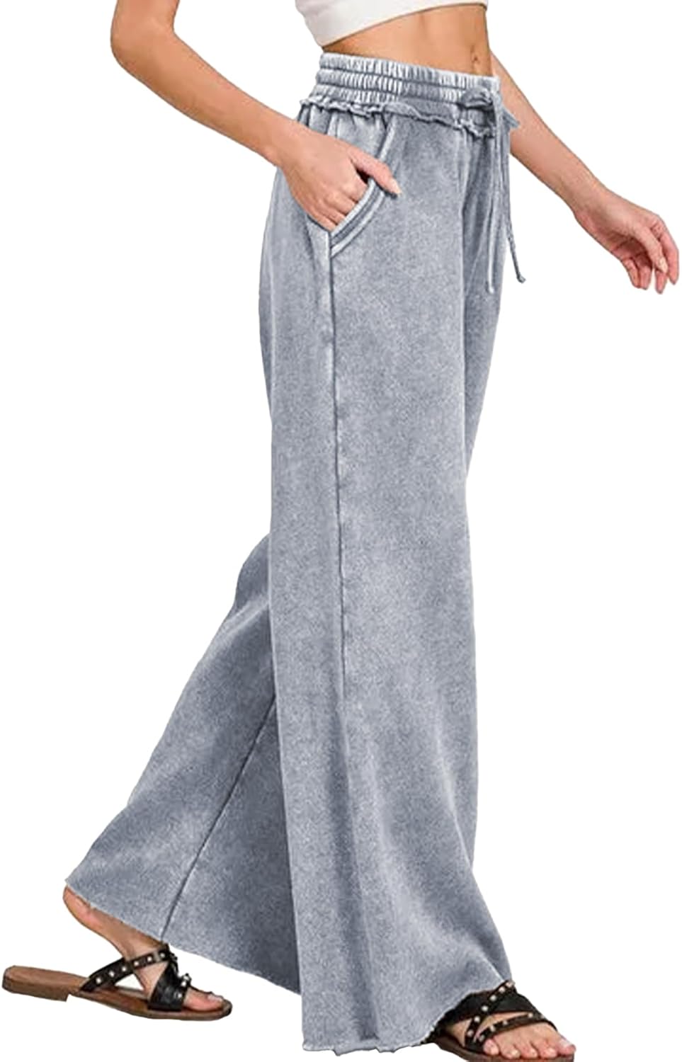 Ainangua Women Acid Wash Palazzo Sweatpants Casual High Waist Drawstring Wide Leg Pants Baggy Fleece Trousers with Pockets - Image 4