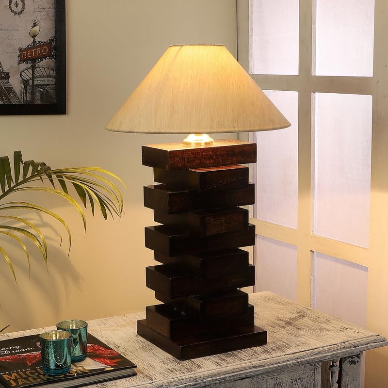 Image of tu casa Table Lamps with Mango Wood Base & Off-White Cotton Shades for Home Decor, Bedrooms, Living Room, Gifting, Diwali Decoration, Dining Space, Study Room, Hall (Height- 54cm) - Bulb not Included