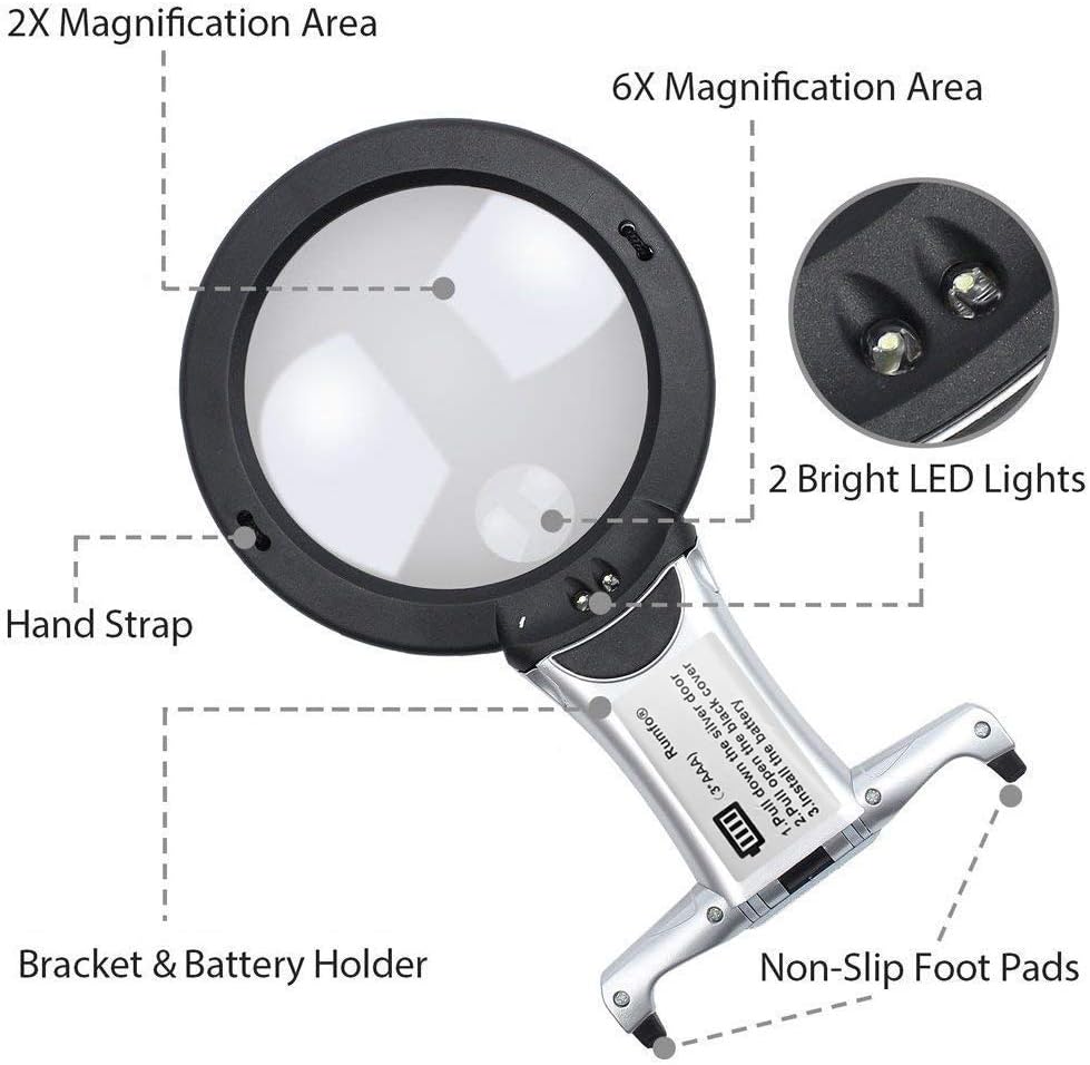 Rumfo 2/6X Reading Magnifier with LED Light Hands Free Chest Rest Double Lighted Knitting Embroidery Benchtop Multifunction for Sewing Cross Stitch Inspection Repair