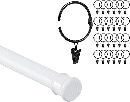 Tension Curtain Rod 56"-104" and Openable Curtain Rings with Clips 2 Inches, 24 Pack Bundle Shower Curtain Rods No Drilling Drapery Metal Clip
