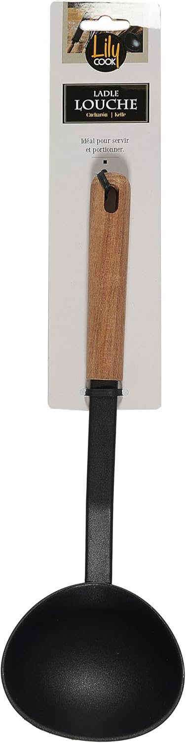 KP0054, PBT Ladle with Wooden Handle, Ideal for Baking and Cooking, Ergonomic Design, Easy to Clean, Black and Brown Colour, Standard Size, Assorted Colours