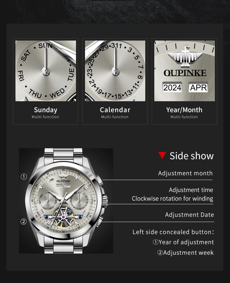 Image of OUPINKE Mens Automatic Watches Luxury Dress Self Winding Skeleton Tourbillon Mechanical Stainless Steel Sapphire Crystal Waterproof Genuine Watches for Men