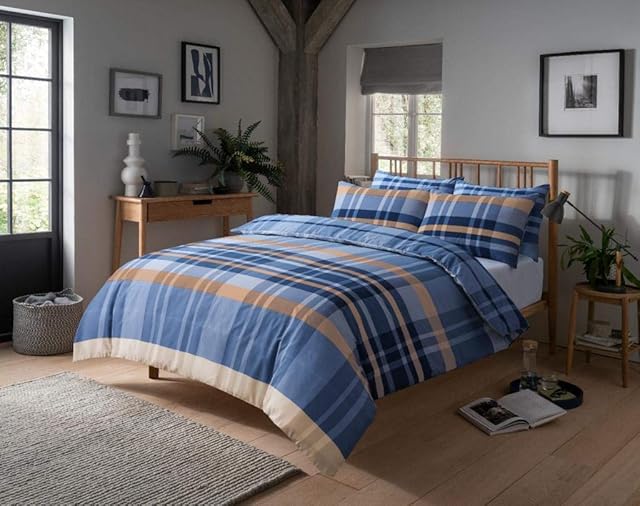 Olivia Rocco Hudson Check Duvet Cover Set Modern Print Cotton Rich Quilt Covers Bedding Bed Linen Sets, Blue/Natural King