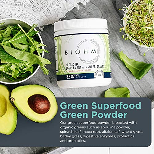 BIOHM Super Greens Superfood Powder - 30 Servings - Made with Probiotics, Digestive Enzymes, and 20 Organic Green Whole Foods - Ashwagandha, Reishi Mushroom - Allergen Free, Non-GMO, Vegetarian