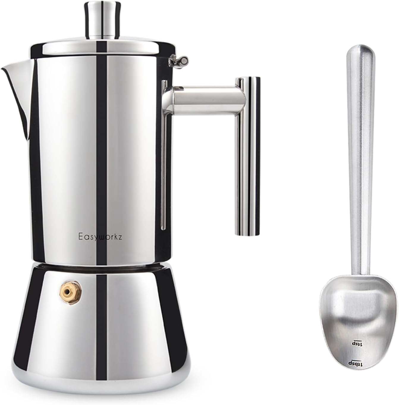 Easyworkz Diego Stovetop Espresso Maker 6Cup 10 oz Moka Pot, Bundled with Stainless Steel Long Hollow Handle 7g Measuring Spoon, Brushed Silver