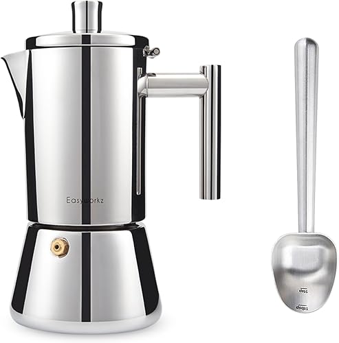 Easyworkz Diego - Cafetera de café expreso para estufa, 6 tazas de 10 onzas, con mango largo hueco de acero inoxidable, cuchara medidora de 0.27