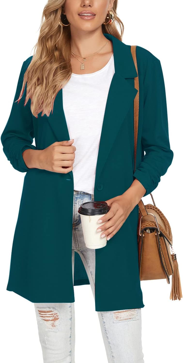 Unifizz Women's 3/4 Sleeve Long Blazers Notch Lapel One Button Long Jackets