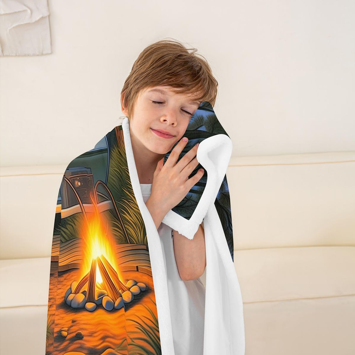 Homewish Koc polarowy do kampera, podwójny, 152 x 203 cm, ognisko, pomarańczowy, zachód słońca, obóz, ciepły, pluszowy koc sherpa, szczęśliwy kemping, do kampera, puszysty, pluszowy, wiejski, łódź
