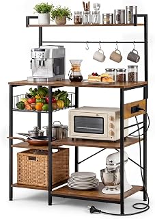ZUNI Kitchen Bakers Rack with Power Outlet, 4 S-Hooks Industrial Kitchen Shelf with X-Shaped Crossbars, Anti-Tip Kit, Microwave Stand for Coffee Bar, Living Room, Capacity 100kg, Brown
