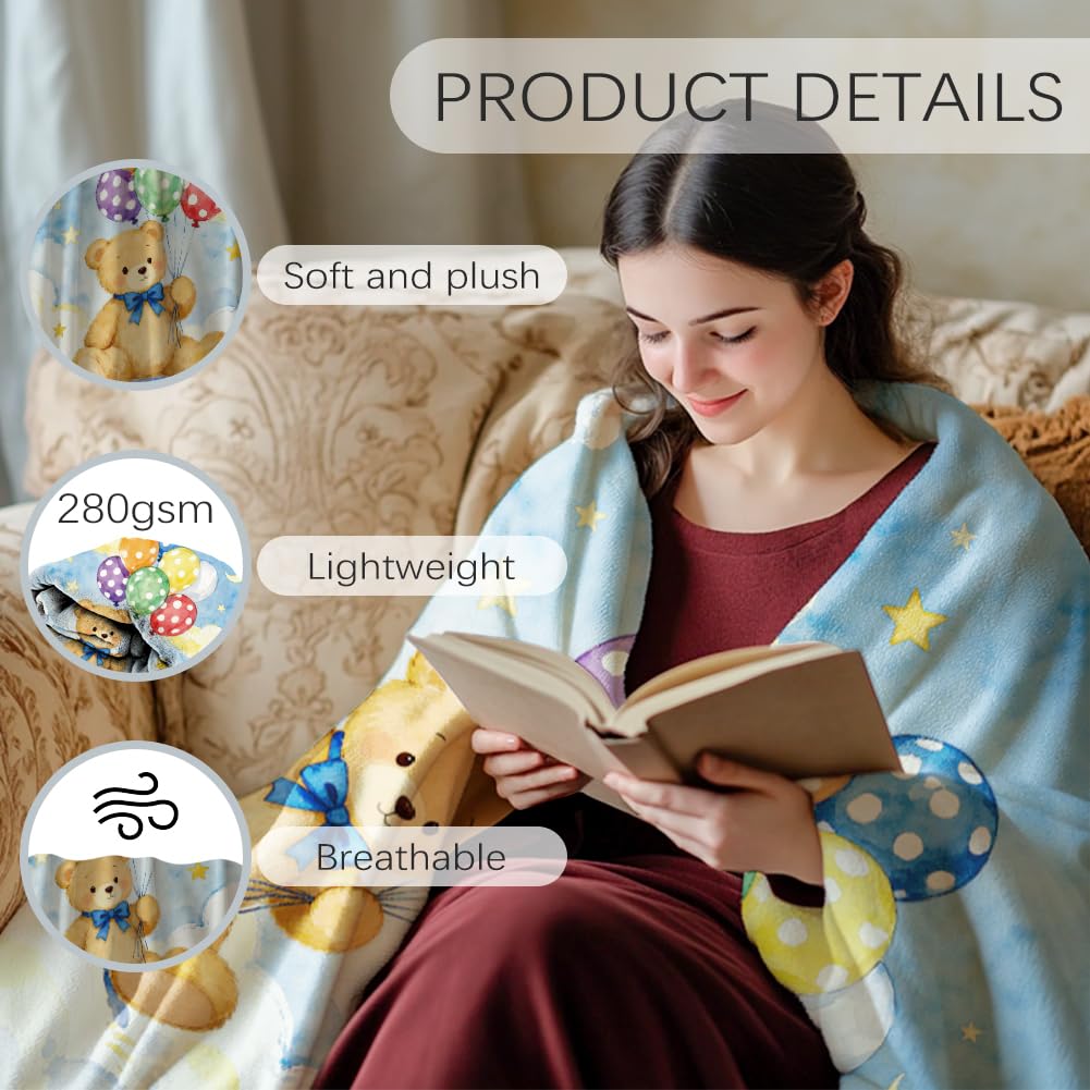 GLOBLELAND Colorido globo oso manta 150 x 130 cm dibujos animados cielo nubes suave acogedor manta de franela estrellas luna lavable manta para el hogar oficina habitación cama sofá silla regalos