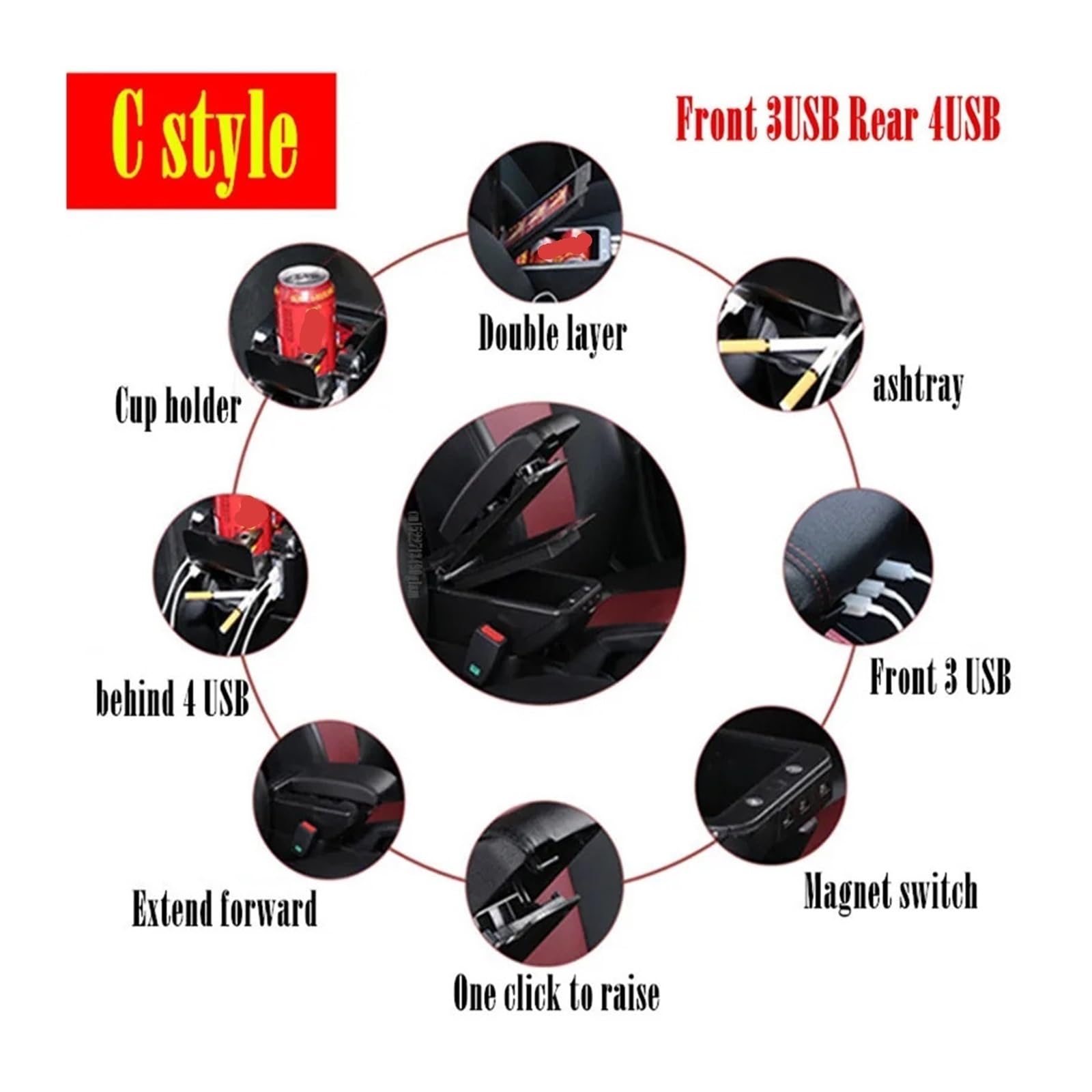 consola central Almacenamiento universal de la consola central del coche con LED USB(A style black line)