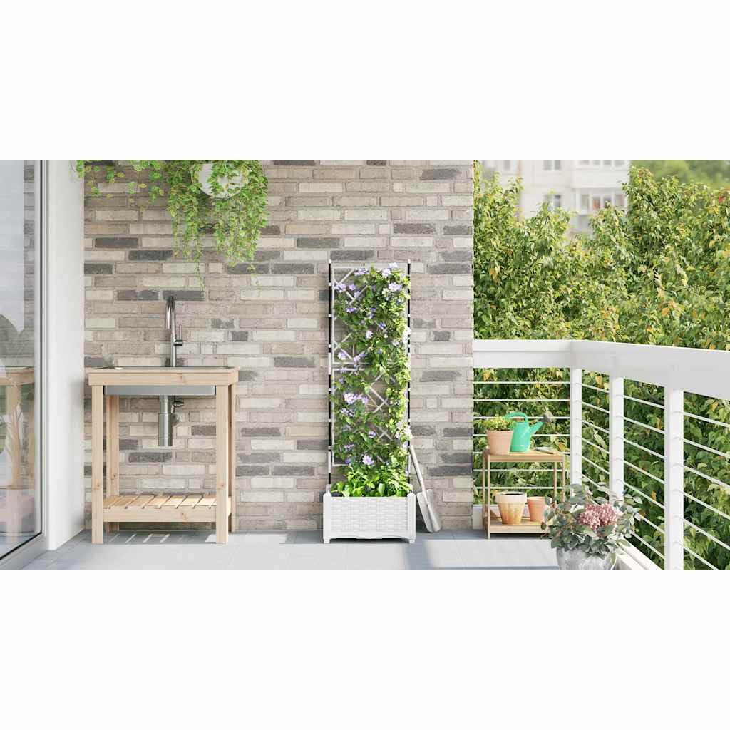 Doniczka ogrodowa z kratką dla roślin pnących, 40 x 40 x 125,5 cm, wykonana z wytrzymałej stali, donica na kwiaty na taras i balkon, nowoczesna skrzynka na rośliny, biała
