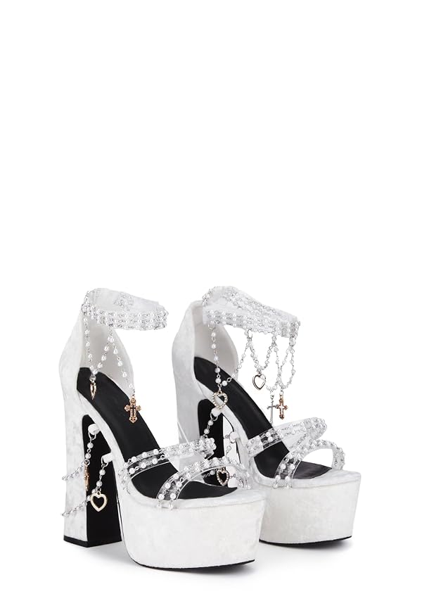 Dolls Kill Holy Revelation Platform Heels by Sugar Thrillz – Velvet Heels with Pearl Beads & Adjustable Straps - White, 9 by Dolls Kill - Image 3