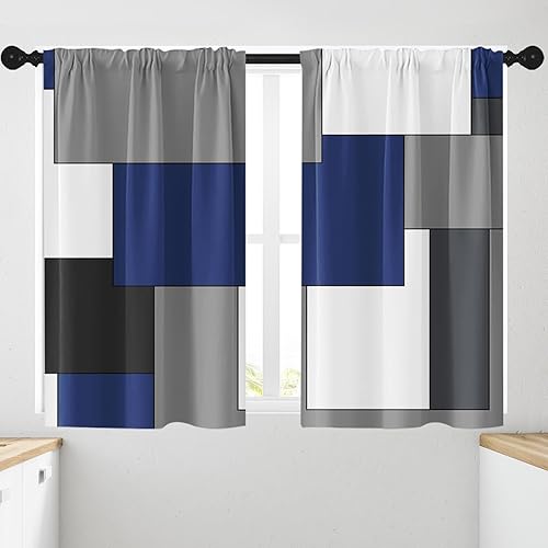 Vista 63 de Cortinas geométricas de cocina negras y grises de 63 pulgadas de largo, juego de 2, cortinas grises y blancas para dormitorio, sala de estar, Gris