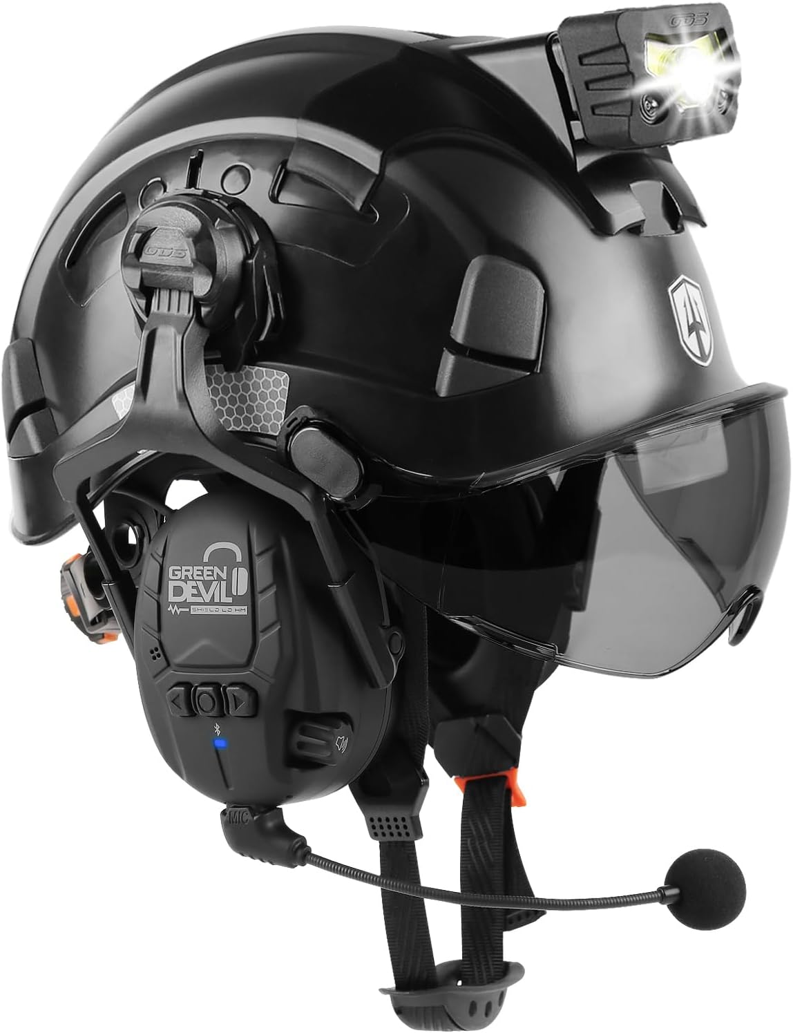 Hard Hat Safety Helmet with Visor Bluetooth Ear Muffs and Headlamp 5 in 1 Full Protection Vented Work Hardhat ANSI Z89.1 Cascos De Construccion for Industrial Construction Forestry