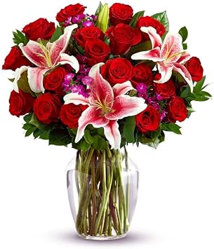 From You Flowers Timeless Love Bouquet in Glass Vase - 18 Fresh Red Roses & Stargazer Lilies for Anniversary & Romance