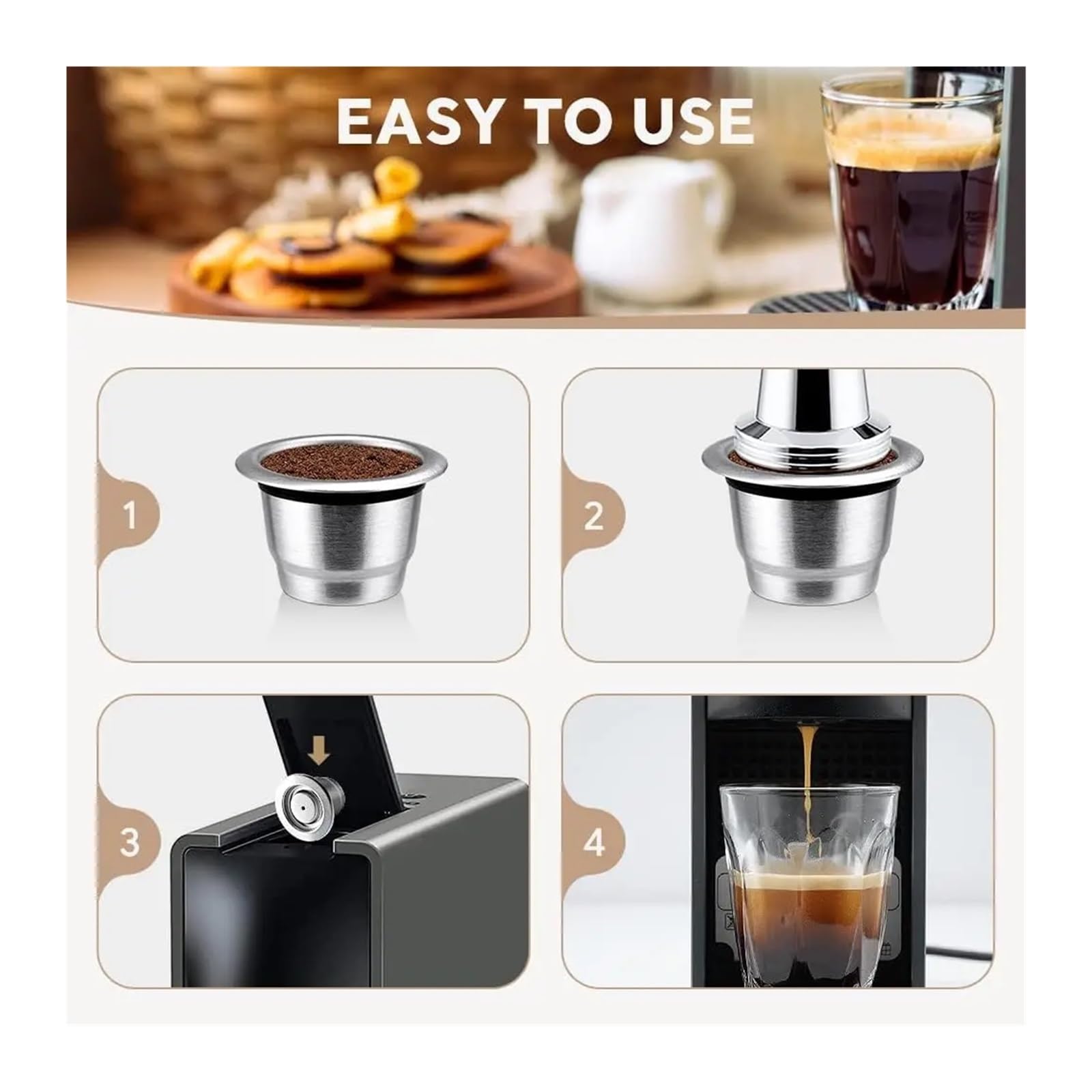 Cápsulas De Café Reutilizables Compatibles Con Nespresso, Tazas De Café Espresso Crema, Cápsulas De Café Rellenables De Acero Inoxidable, Filtros Con Anillo Dosificador Y Prensador.(2 pod t ds)