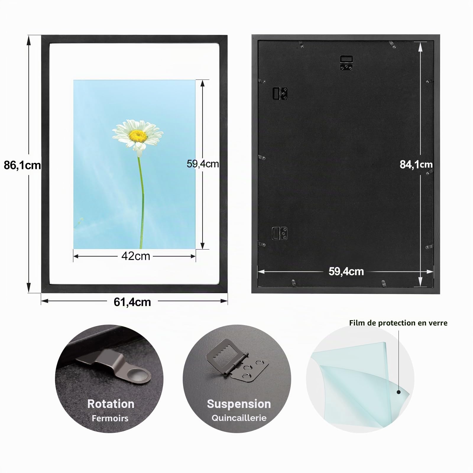 Cadre photo format A1 (59,4 x 84 cm) - Cadre en bois - Avec verre acrylique plexi - Pour images, posters, photos - Noir - 59,4 x 84,1 cm (A1))