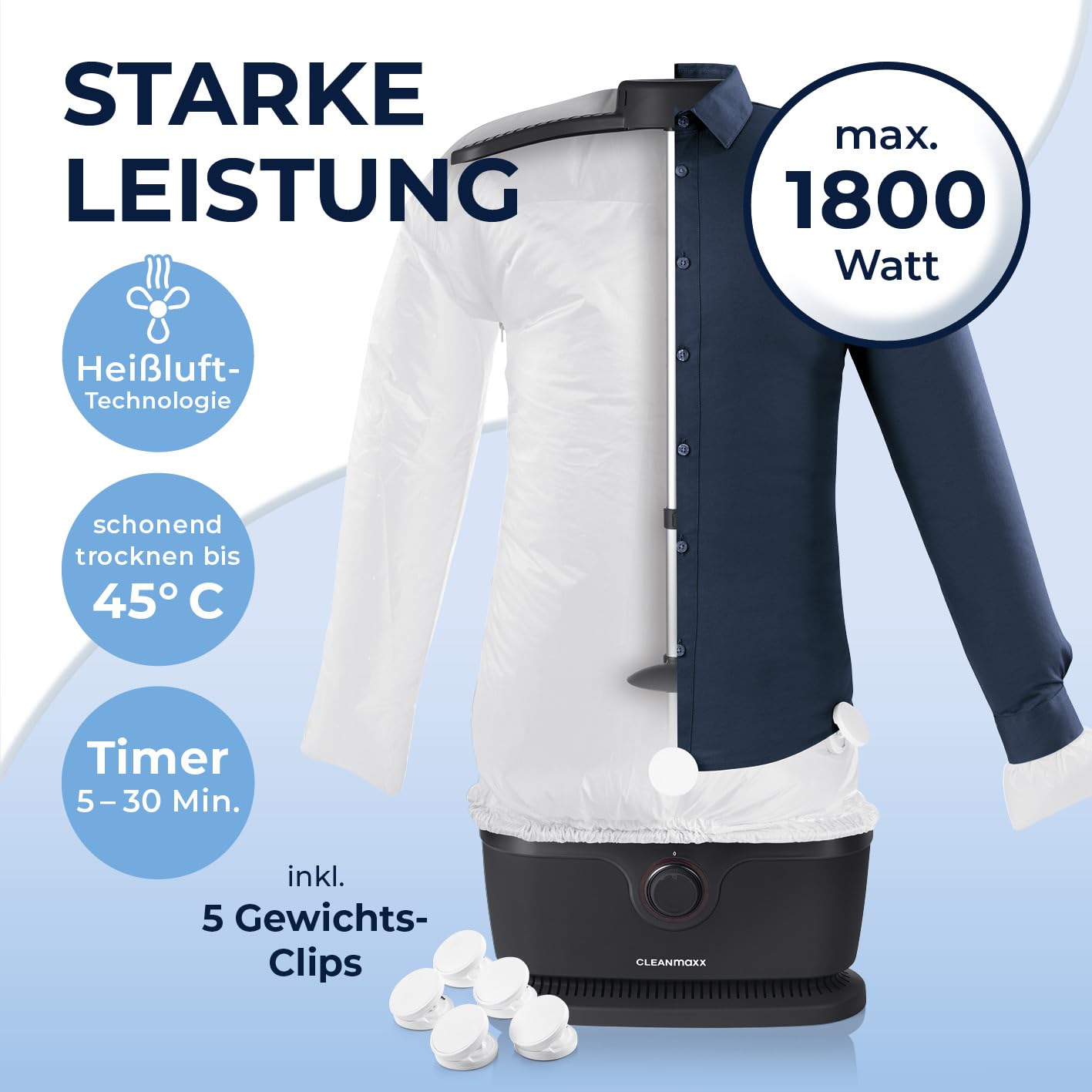 CLEANmaxx automatischer Hemdenbügler PRO mit Hosenaufsatz | Ersetzt Bügeleisen, Dampfglätter, Steamer | Bügelgerät mit Bügelpuppe für Hemden, Blusen & Hosen | Innovativ & effizient