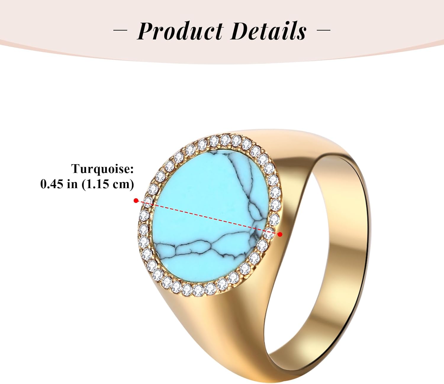 Aroncent Mens Turquoise Signet Ring: Gold Stainless Steel CZ Diamond Band - Classic Statement Jewelry Size 6-12 - Image 2