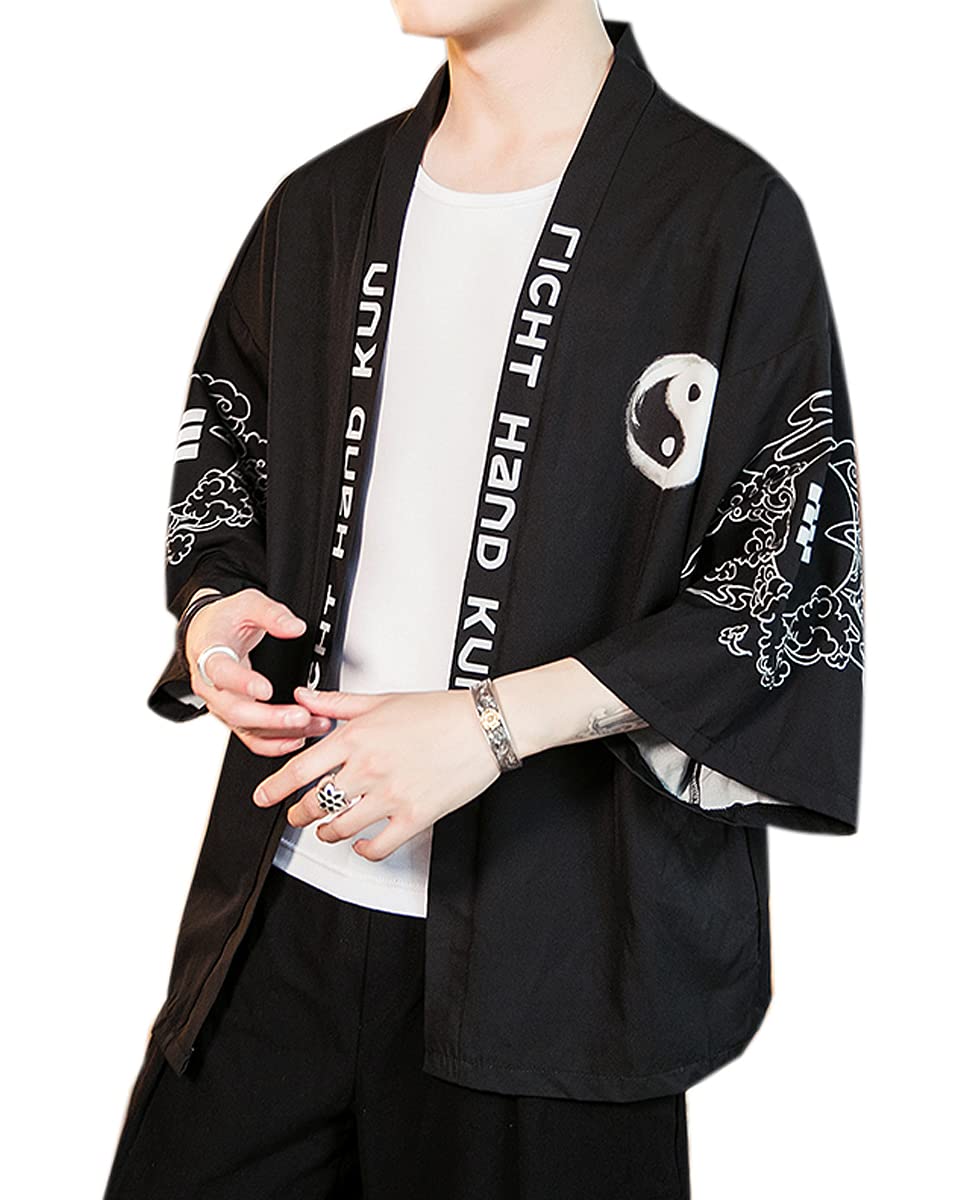 PRIJOUHEMen's Kimono Cardigan Jacket Japanese Style Flying Crane Seven Sleeves Open Front Coat