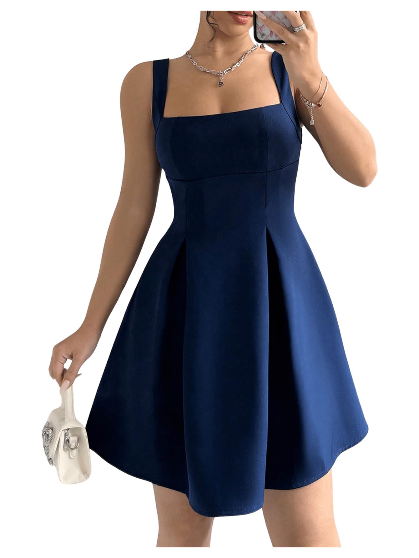 Photo 1 of SOLY HUX Women's Summer Dresses Square Neck Sleeveless A Line Mini Dress Party Cocktail Short Dress Dark Blue Small