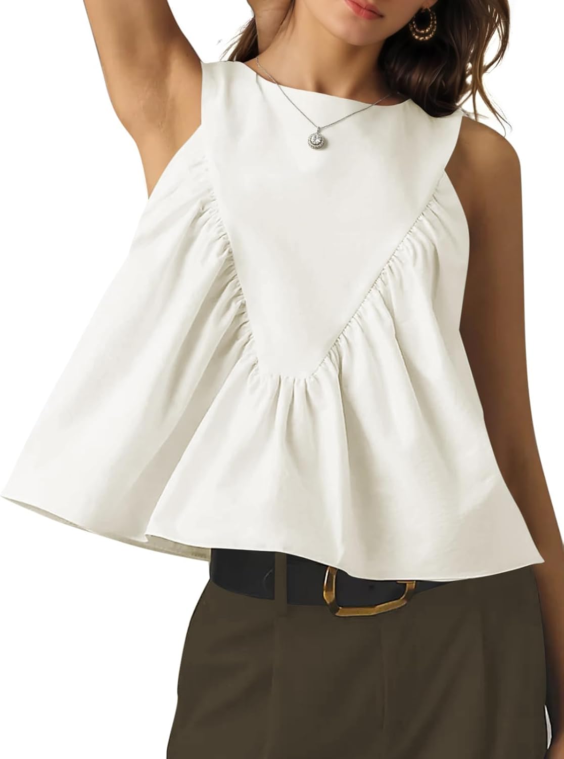 LIWEIKE Womens Peplum Babydoll Tank Top Crewneck Sleeveless Shirred Swing Tops Summer Loose Fit Ruffled Shirts