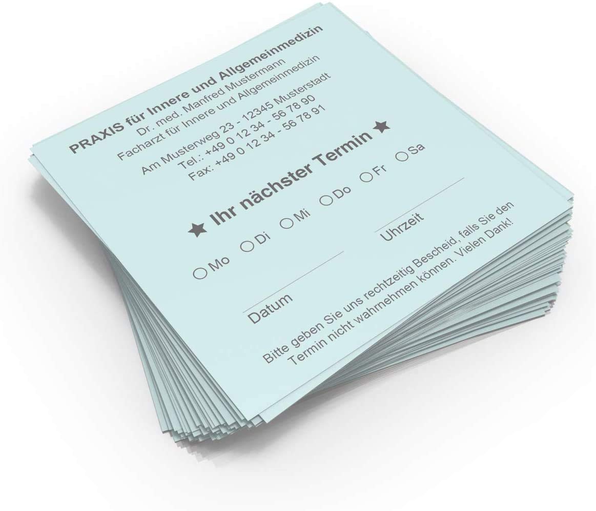 500 Terminzettel Terminkarten nächster Termin mit Ihrer Adresse personalisiert in praktischer Zettelbox mit Stiftehalter 10 x 10 cm (hellblau)