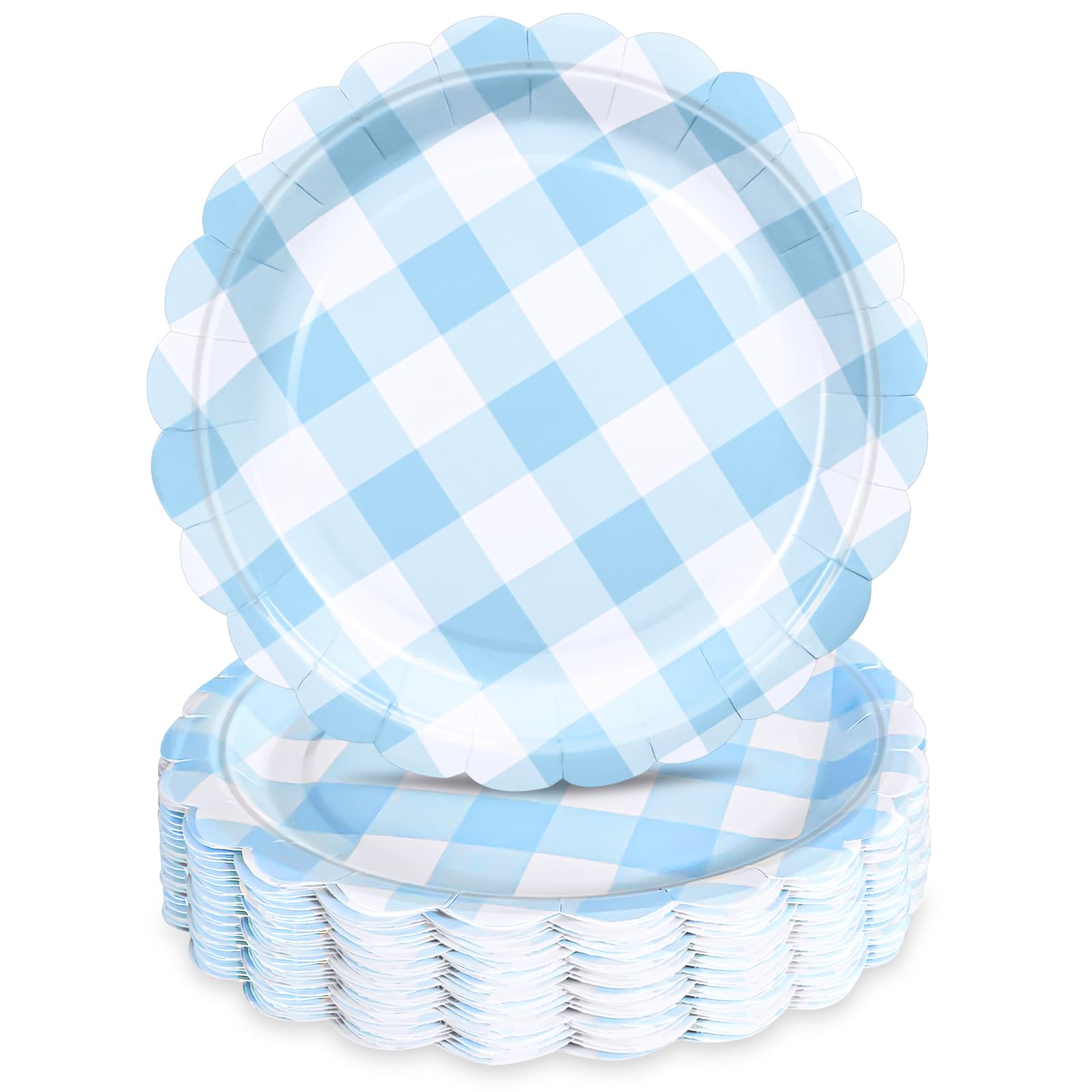 48 Pcs 7" Blue Gingham Paper Plates Light Blue & White Scalloped Checkered Party Plates, Pastel Plaid Dessert Table Supplies for BBQ Gathering Picnic