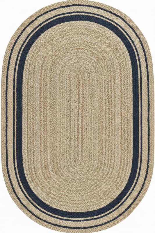 Tapis ovale tissé à la main en jute naturelle de 61 x 91 cm avec bordure bleu marine – Tapis moderne durable pour salon, chambre et entrée