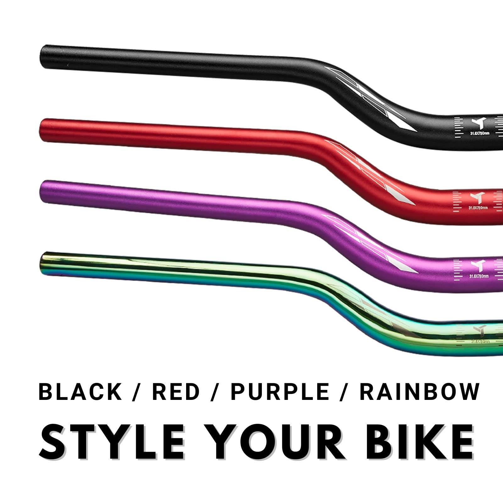 Corki Cycles Manubrio MTB Professionale 31.8mm, Manubrio Bicicletta Alluminio Lega Leggero 780mm 720mm Riser Bar per Mountain Bike Strada -Topo Mid Rise- Nero/Rainbow