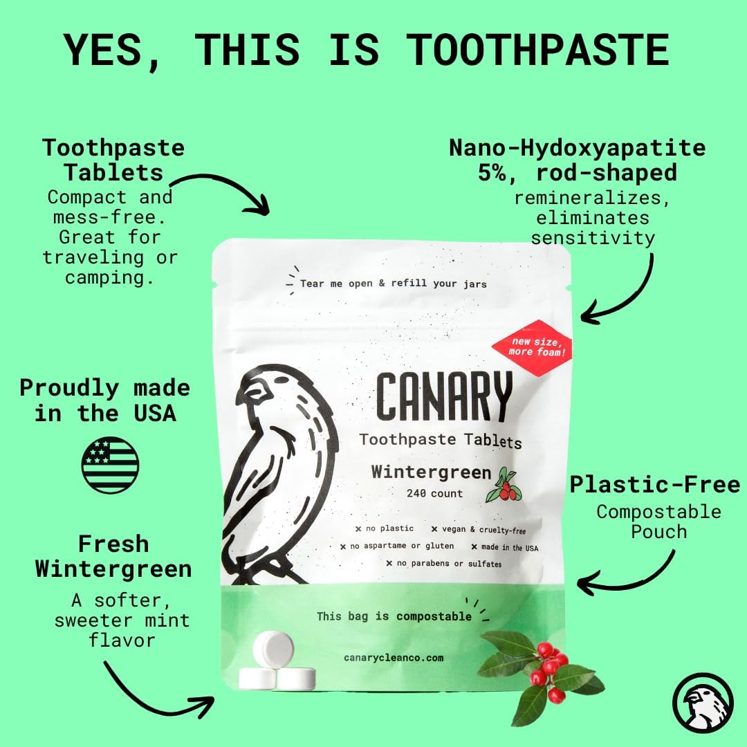 Canary Nano Hydroxyapatite Toothpaste Tablets Wintergreen - Remineralizing, Fluoride Free, All Natural Tabs with Xylitol - Great for Travel, Plastic Free - 240 Count