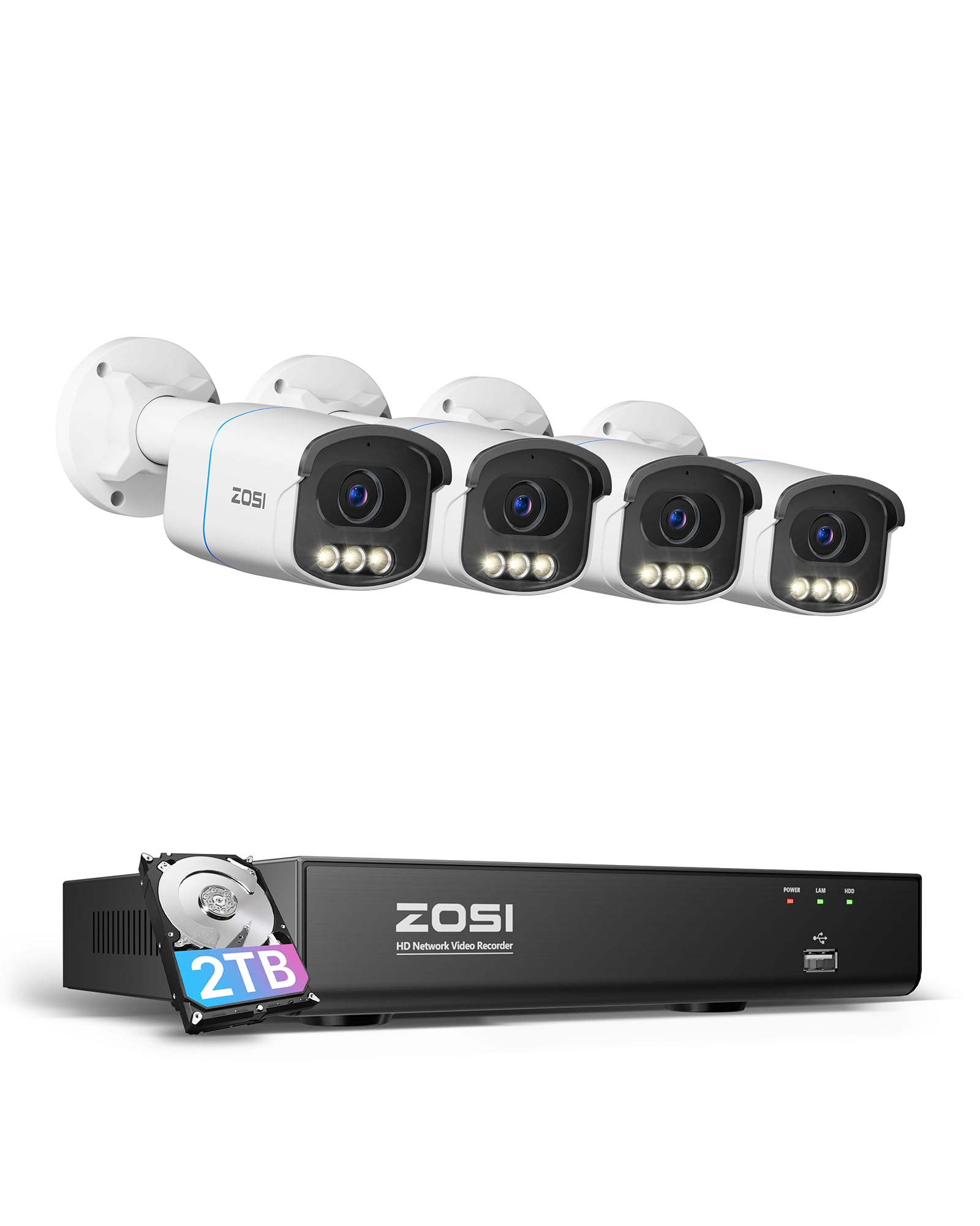 ZOSI 4K Ultra HD PoE CCTV Camera System with True Clarity Color Night Vision, 8 Port 16CH 4K NVR and 4pcs 8MP Aurora Lux C186A Outdoor PoE Cameras, Human Vehicle Detection, Light&Siren, 2-Way Audio