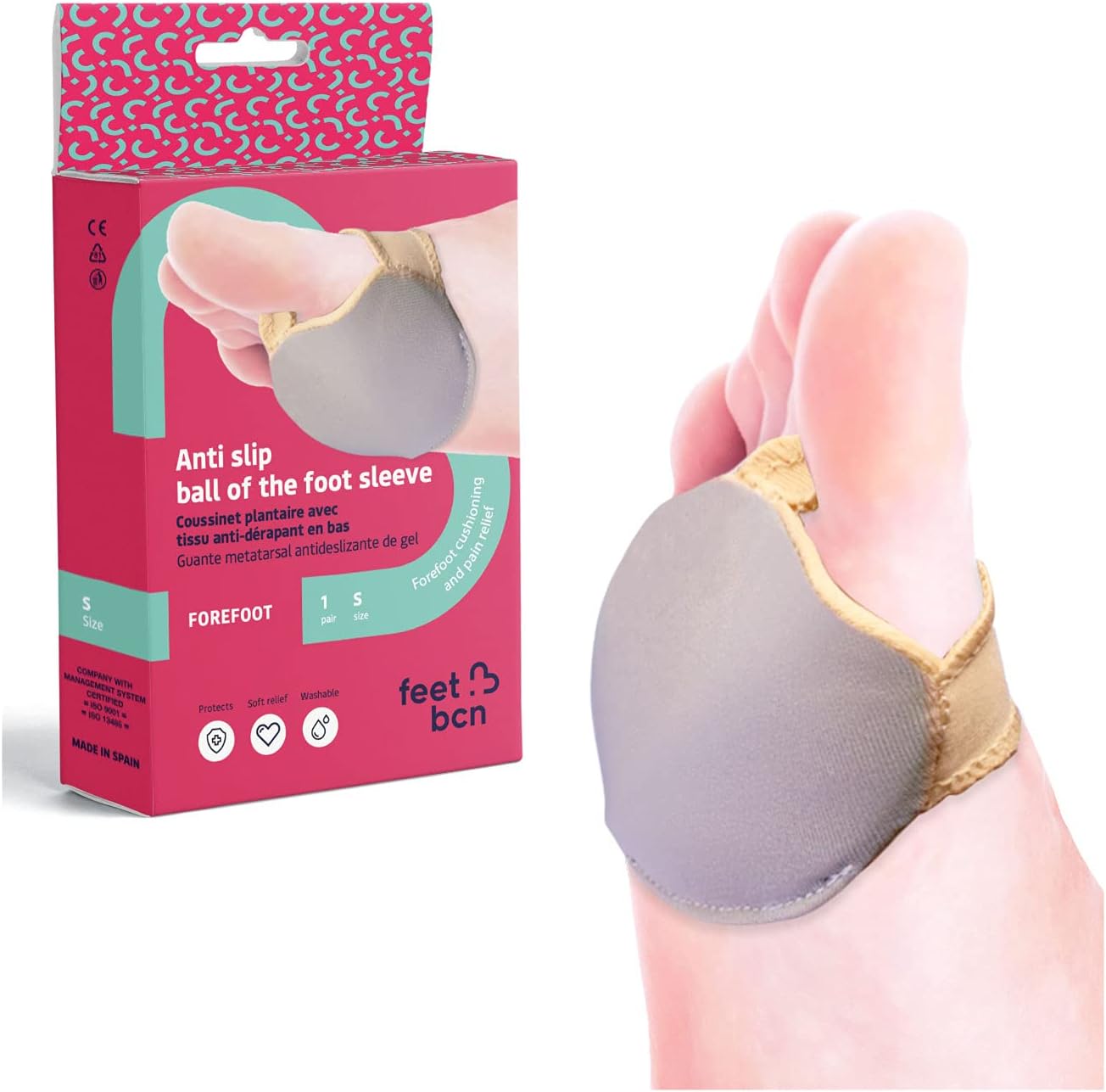 feet bcn Guante metatarsal anti-deslizante de gel. Discreto y pequeño. Alivia el dolor y protege la zona plantar. 1 par. Talla S: EU 36-41. Fabricado en España.