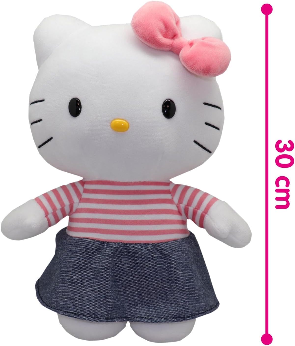 Hello Kitty 30cm Plush Toy - With Denim Skirt and Pink Striped Top, Soft and Cuddly Age Groups - Includes Gift Box, Delightful Collectible