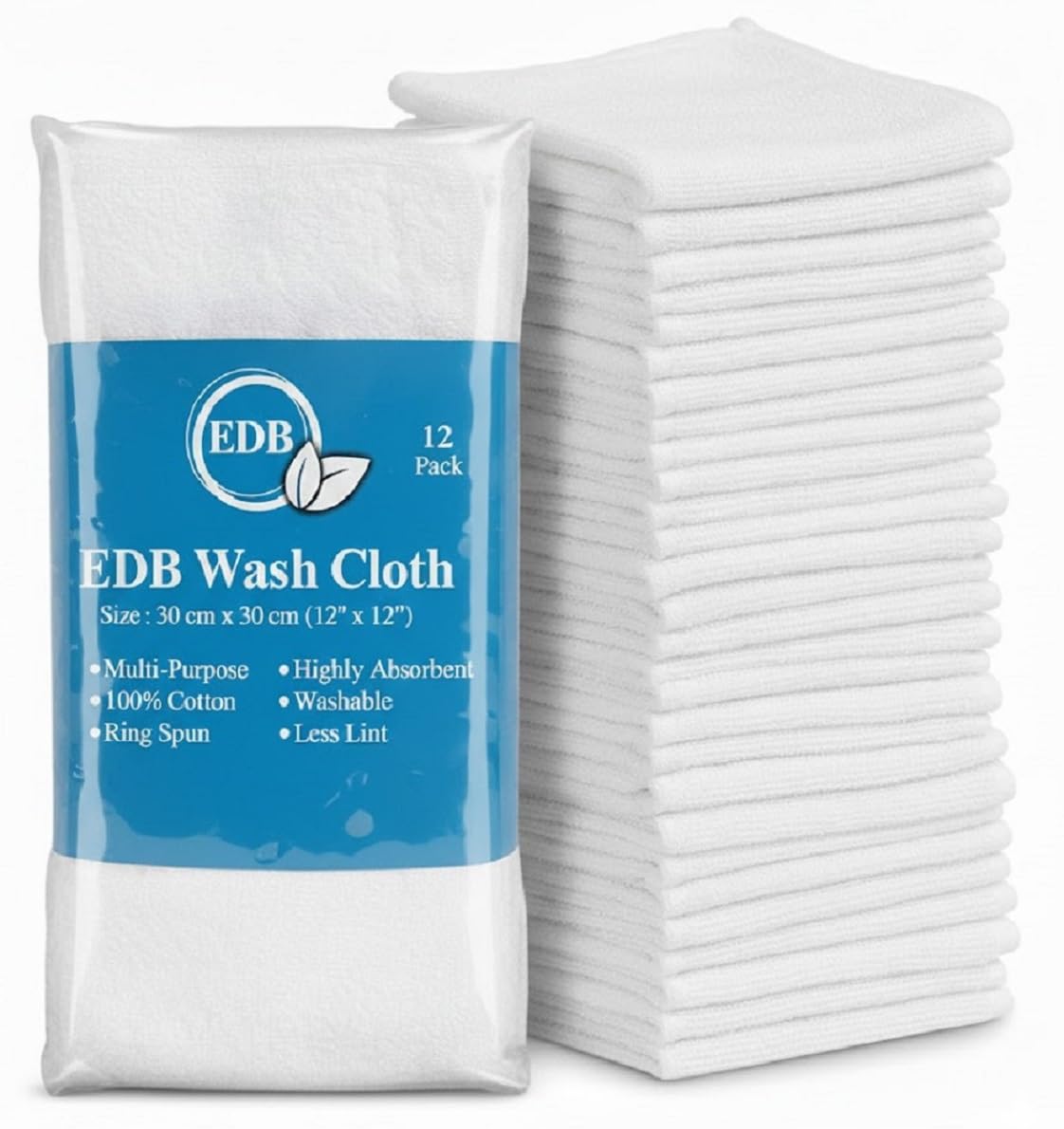 EDB 12 Piece Cotton Washcloths Set (500 GSM) Flannel Face Cloths (30cm x 30cm) Highly Absorbent Fingertip Towels 100% Soft Cotton Hotel Quality (White, 12)