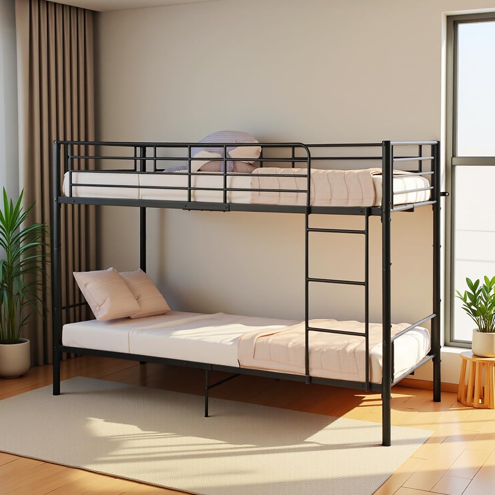 DORAFAIR Letto a Castello 90 x 200 cm in Metallo, con Rete a Doghe, con Scaletta e Protezione da Caduta, Letto a Castello Singolo, Nero