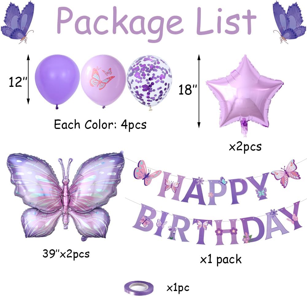 18Pcs Purple Butterfly Balloons and Happy Birthday Banners for Purple Butterfly Birthday Decorations