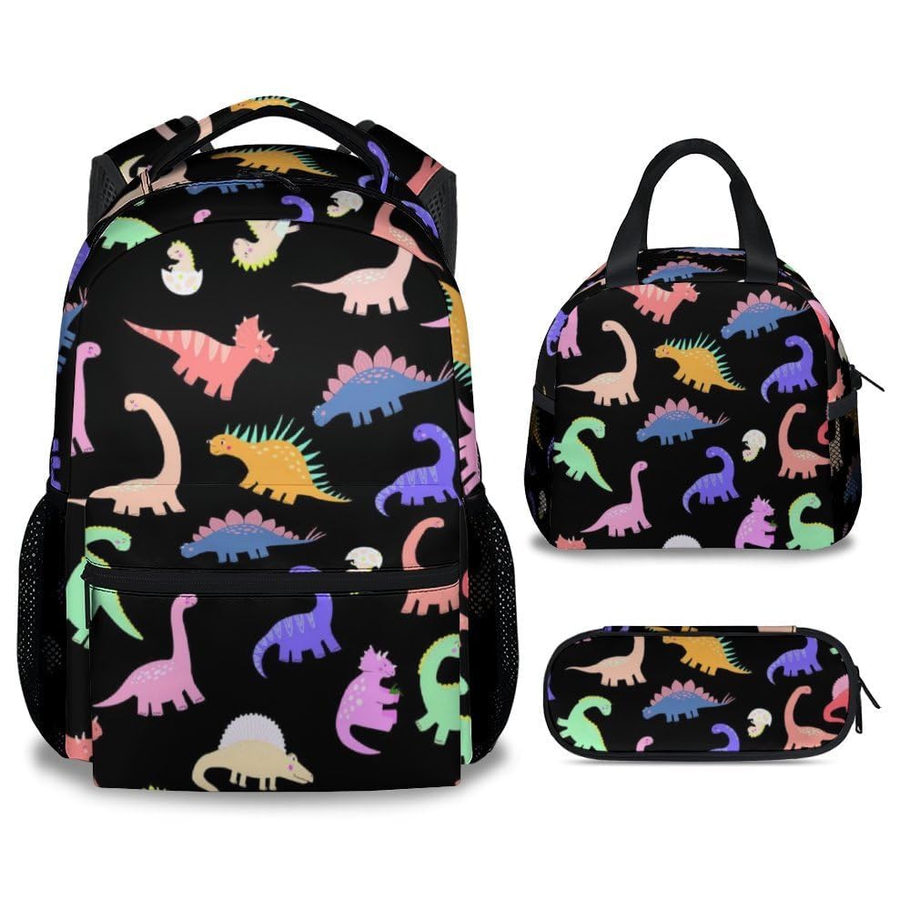 Eccustomized Dinosaur Backpack with Lunch Box - Set of 3 School Backpacks Matching Combo - Funny Black Bookbag and Pencil Case Bundle