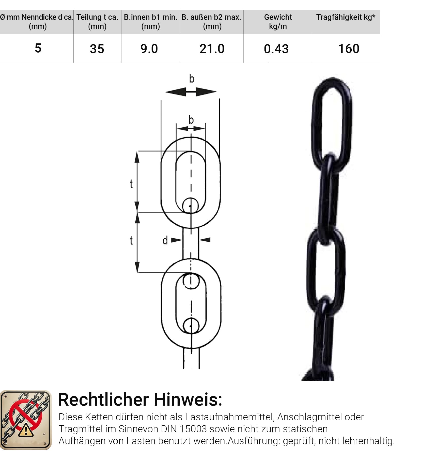 Schwarz lackierte Kette 2,50m DIN 5685 geschweißt ø 5mm langgliedrig in Enden á 2,50 Meter