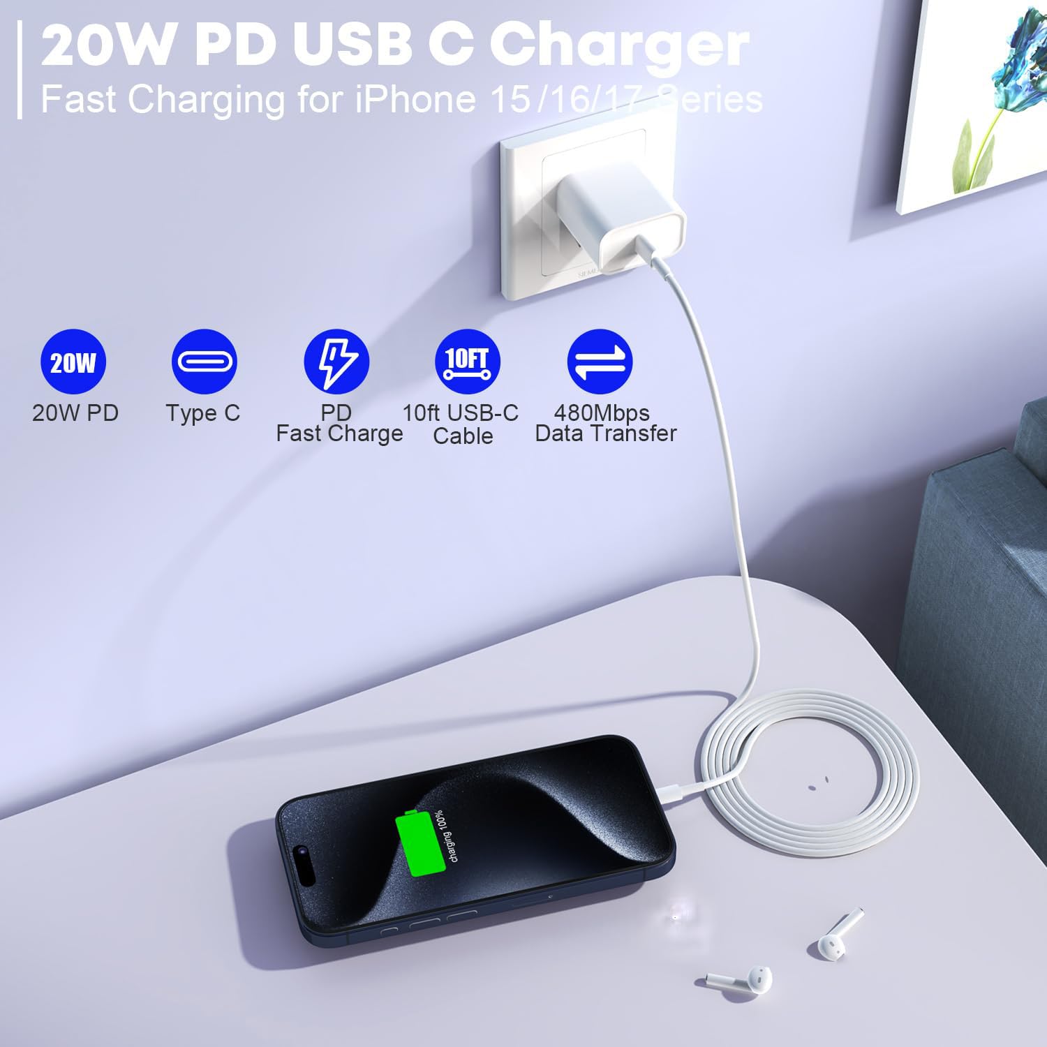 Fast Charger for iPhone 16/15 Charger,10FT Extra Long Fast Charging 3Pack USB-C Wall ChargerBlock USB C To USB C Fast Charging Cable Cord for iPhone 16 Pro Max/iPhone 15 Pro/15 Plus,iPad Pro/Air/Mini