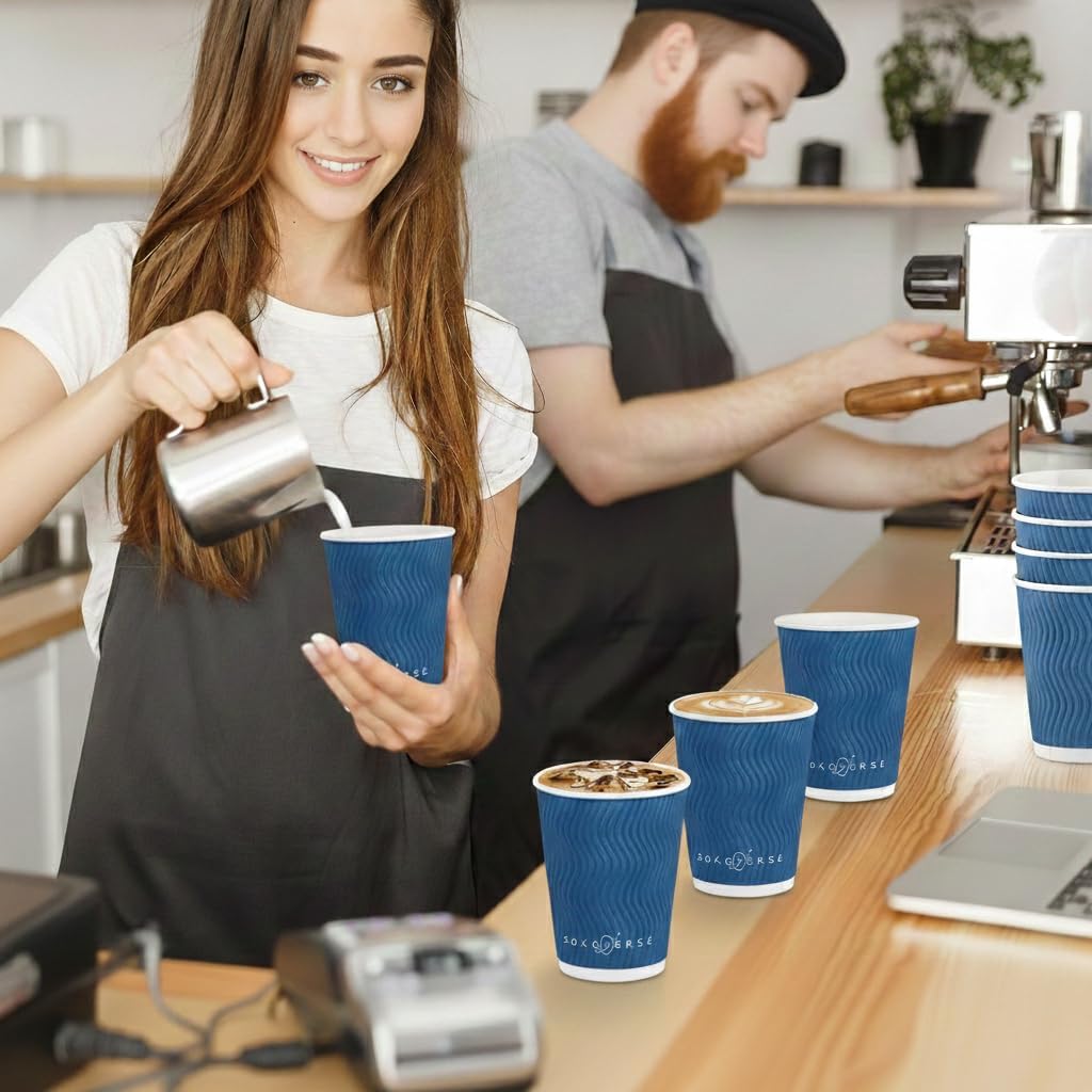Sturdy Leak-Proof Insulated Disposable Coffee Cups 12 oz Ripple Paper Cups for Hot & Cold Beverages, No Lids (Hot Cocoa, Hot Tea, Iced Tea, Cold Coffee) 100 Pack Blue - Image 3