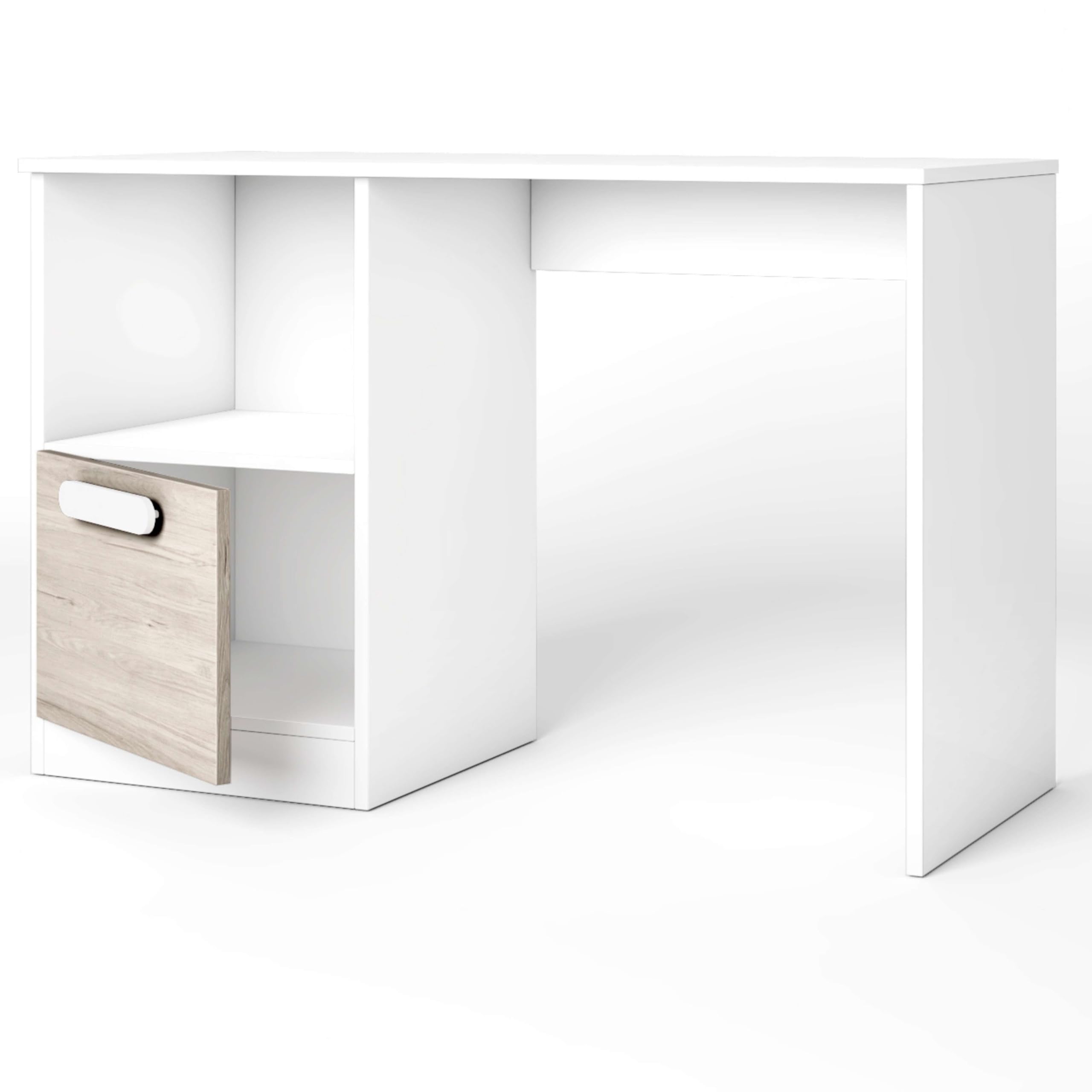 Miroytengo Mesa de Escritorio para Habitación Juvenil Estelle Estilo Nórdico en Color Blanco Mate y Roble Sahara con 1 Puertas y 1 Hueco de Almacenamiento 100 cm