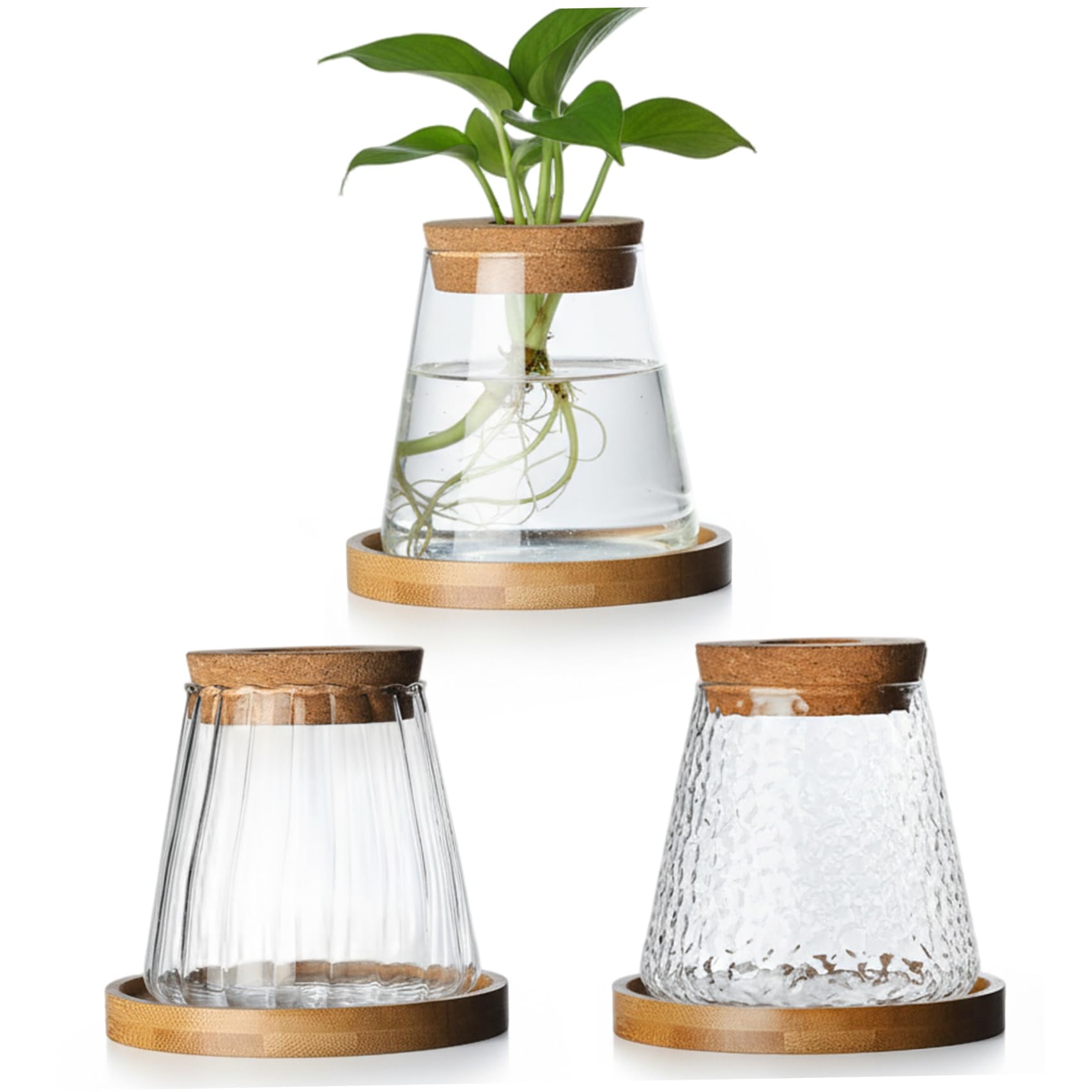 Bemonew 3pcs Propagation Station, Plant Propagation Vases with Cork Stoppers & Wooden Stands for Hydroponic Plants, Office Desk Decor, Terrarium Jar