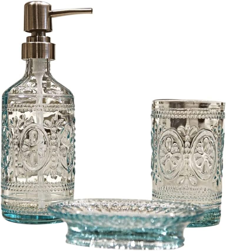 Countertop Soap Dispenser Vintage Embossed 4 Piece Bathroom Accessory Set Lotion Dispenser Clear Glass Soap Pump 600ml/20.3oz,A,A
