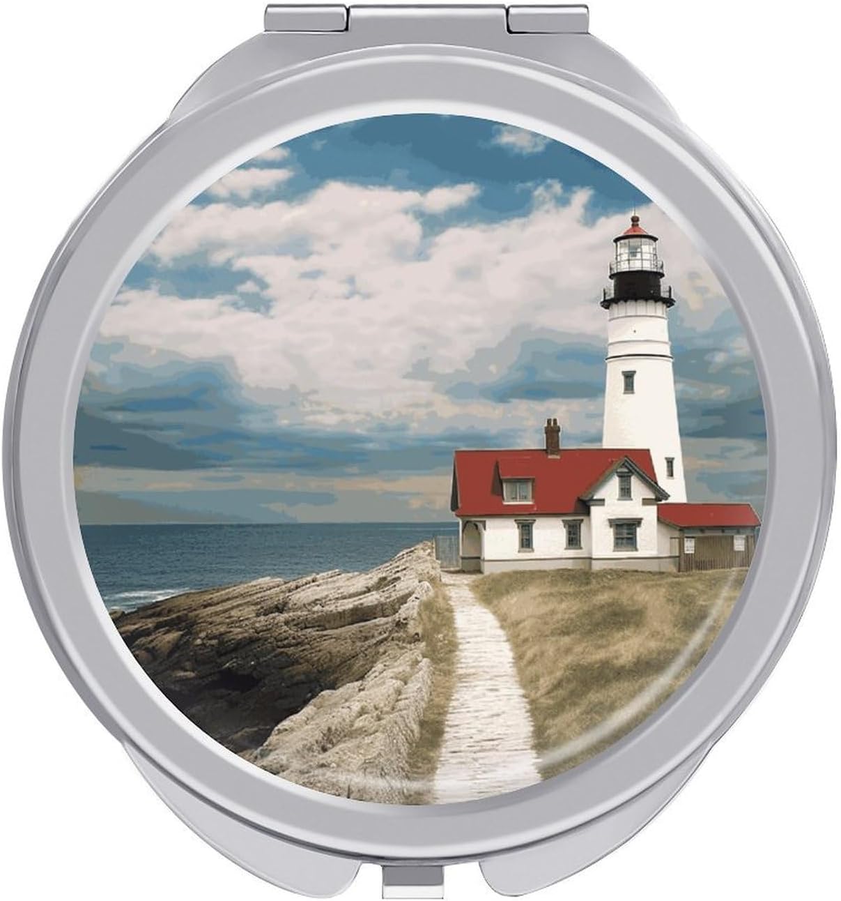 Lighthouse Backdrop Makeup Mirror Compact Round Travel Makeup Mirror Portable Folding Handheld Pocket Mirrors for Handbag and Purses Gift Mini Mirrors